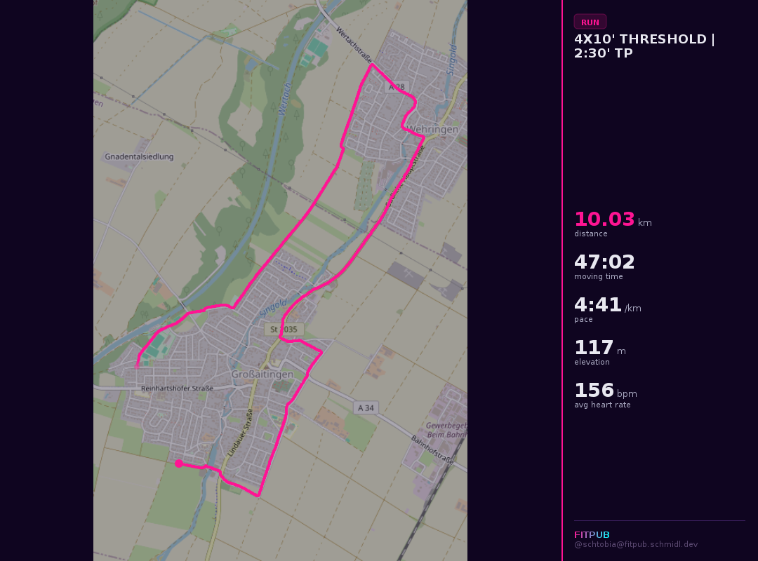 Run titled "4x10' Threshold | 2:30' Tp". 10.03 km, in 47 minutes 2 seconds, pace 4:41 per kilometer, elevation gain 117 meters, average heart rate 156 bpm.